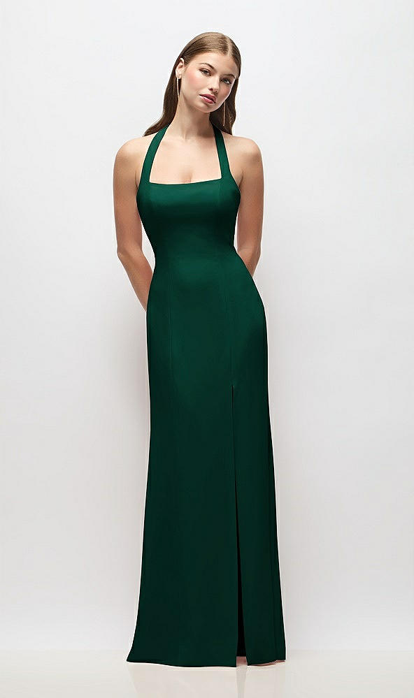 Front View - Hunter Green Tie Halter Open Back Trumpet Gown