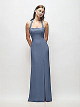 Front View Thumbnail - Larkspur Blue Tie Halter Open Back Trumpet Gown