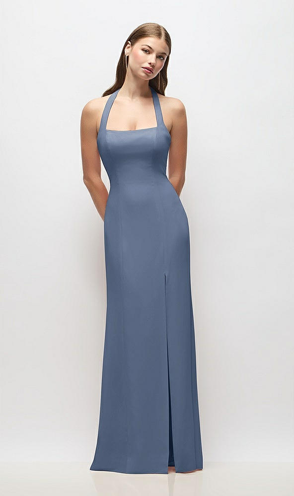 Front View - Larkspur Blue Tie Halter Open Back Trumpet Gown