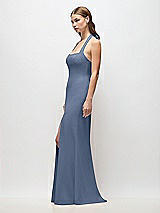 Side View Thumbnail - Larkspur Blue Tie Halter Open Back Trumpet Gown