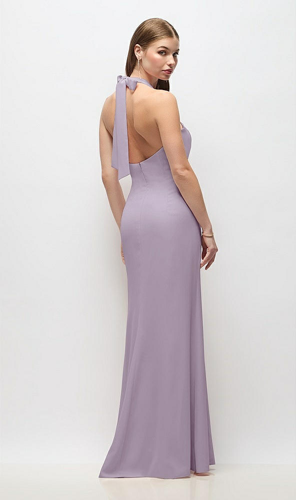 Back View - Lilac Haze Tie Halter Open Back Trumpet Gown 