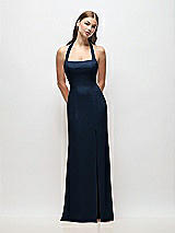 Front View Thumbnail - Midnight Navy Tie Halter Open Back Trumpet Gown