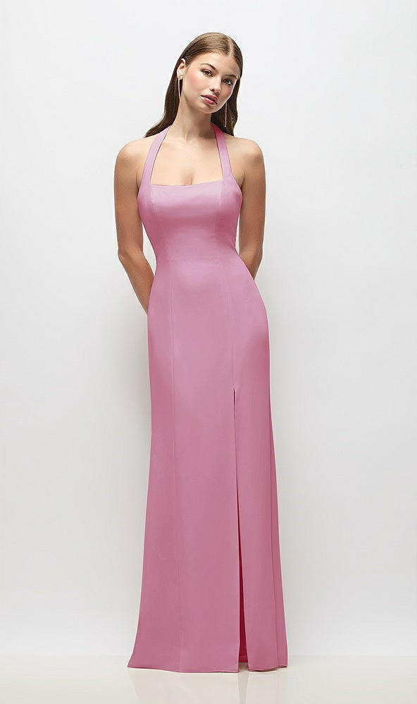 Front View - Powder Pink Tie Halter Open Back Trumpet Gown