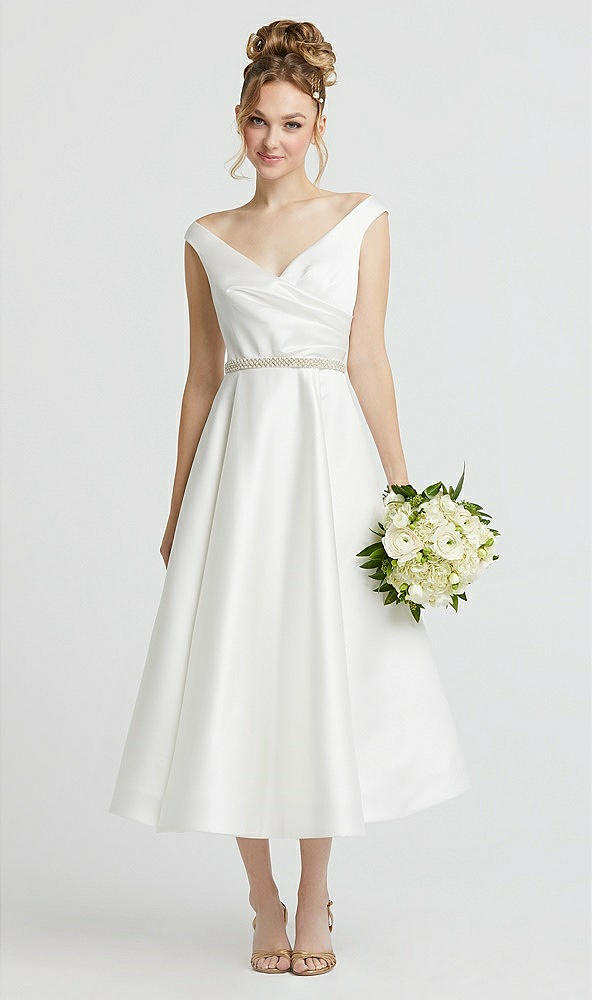 Front View - Off White Draped Off-the-Shoulder Satin Wedding Dress with Beaded Belt
