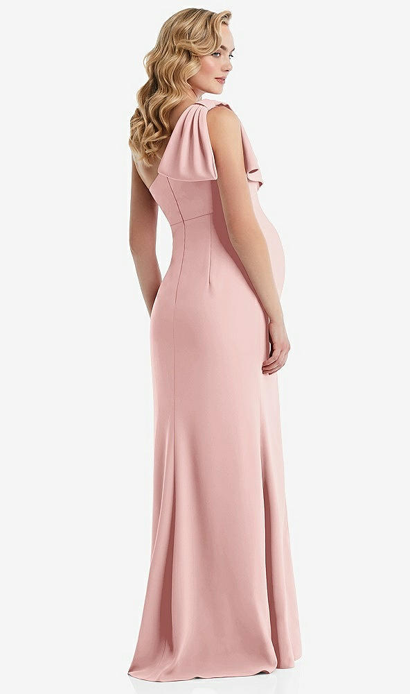 Back View - Rose One-Shoulder Ruffle Sleeve Maternity Trumpet Gown