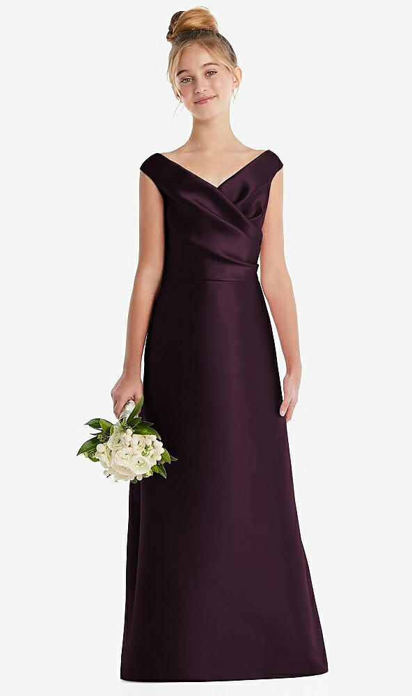 Front View - Deep Plum Off-the-Shoulder Draped Wrap Satin Junior Bridesmaid Dress