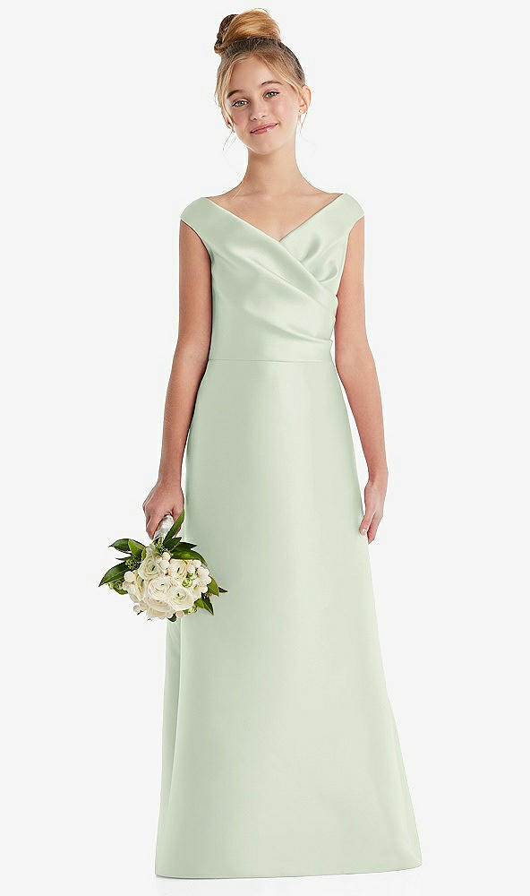 Front View - Mint Green Off-the-Shoulder Draped Wrap Satin Junior Bridesmaid Dress