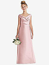 Front View Thumbnail - Ballet Pink Off-the-Shoulder Draped Wrap Satin Junior Bridesmaid Dress