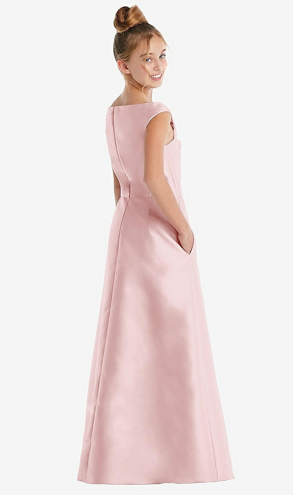 Back View - Ballet Pink Off-the-Shoulder Draped Wrap Satin Junior Bridesmaid Dress