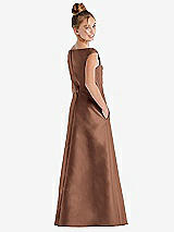 Rear View Thumbnail - Cognac Off-the-Shoulder Draped Wrap Satin Junior Bridesmaid Dress