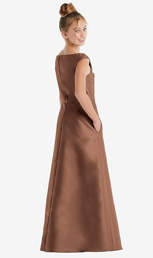 Back View - Cognac Off-the-Shoulder Draped Wrap Satin Junior Bridesmaid Dress