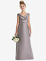 Front View Thumbnail - Cashmere Gray Off-the-Shoulder Draped Wrap Satin Junior Bridesmaid Dress