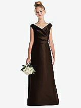 Front View Thumbnail - Espresso Off-the-Shoulder Draped Wrap Satin Junior Bridesmaid Dress