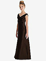 Side View Thumbnail - Espresso Off-the-Shoulder Draped Wrap Satin Junior Bridesmaid Dress