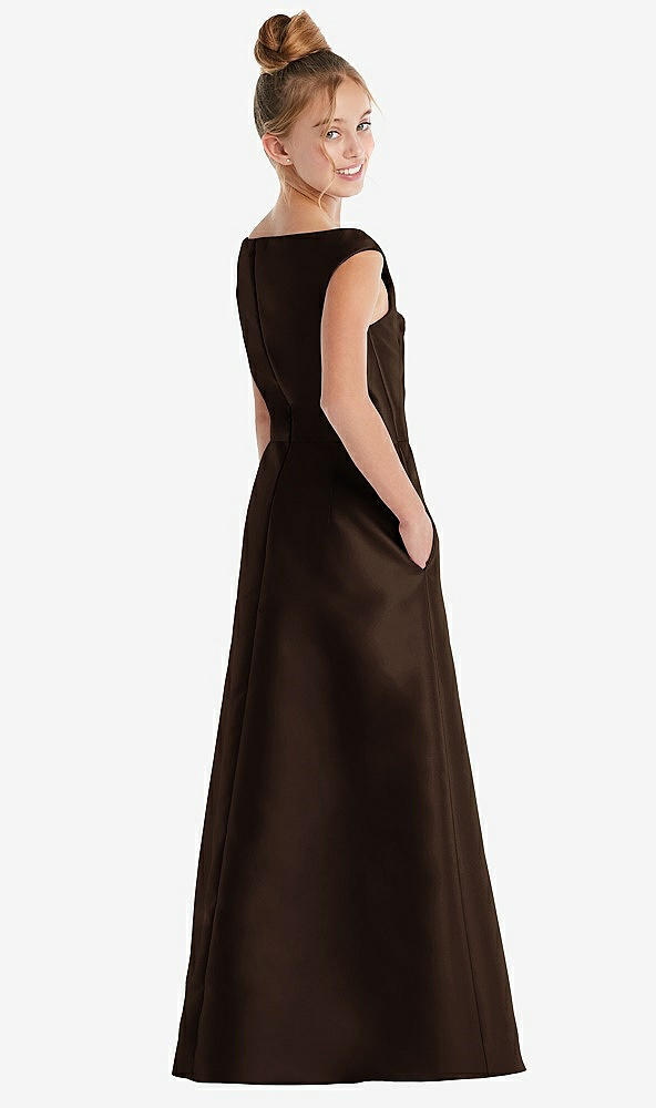 Back View - Espresso Off-the-Shoulder Draped Wrap Satin Junior Bridesmaid Dress