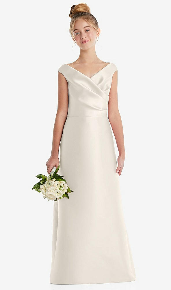 Front View - Ivory Off-the-Shoulder Draped Wrap Satin Junior Bridesmaid Dress