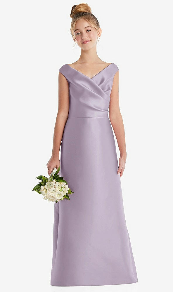Front View - Lilac Haze Off-the-Shoulder Draped Wrap Satin Junior Bridesmaid Dress