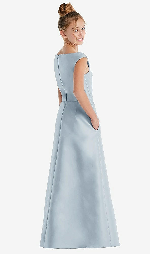 Back View - Mist Off-the-Shoulder Draped Wrap Satin Junior Bridesmaid Dress