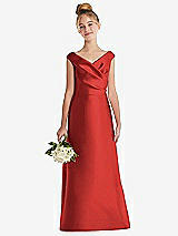 Front View Thumbnail - Poppy Red Off-the-Shoulder Draped Wrap Satin Junior Bridesmaid Dress