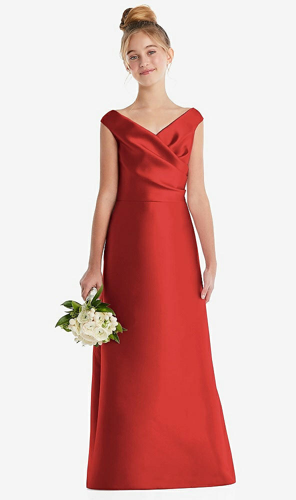 Front View - Poppy Red Off-the-Shoulder Draped Wrap Satin Junior Bridesmaid Dress