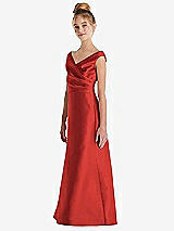 Side View Thumbnail - Poppy Red Off-the-Shoulder Draped Wrap Satin Junior Bridesmaid Dress