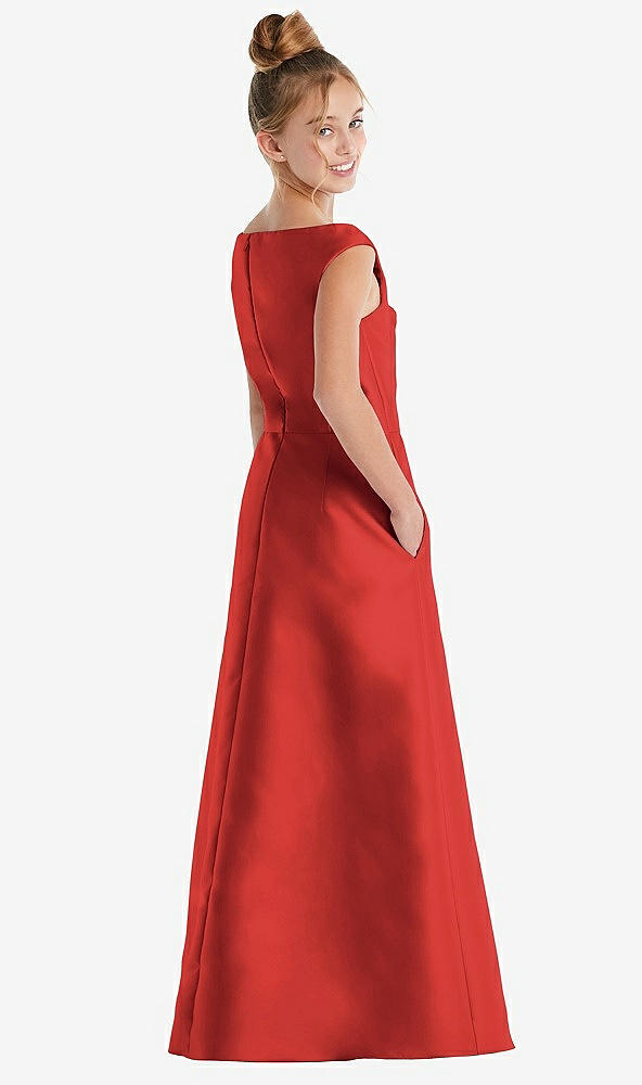 Back View - Poppy Red Off-the-Shoulder Draped Wrap Satin Junior Bridesmaid Dress