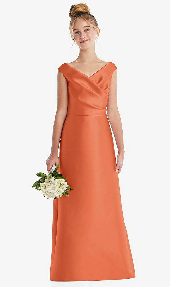 Front View - Portofino Orange Off-the-Shoulder Draped Wrap Satin Junior Bridesmaid Dress