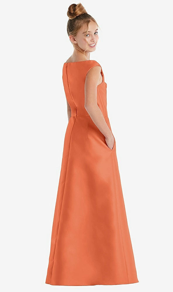Back View - Portofino Orange Off-the-Shoulder Draped Wrap Satin Junior Bridesmaid Dress