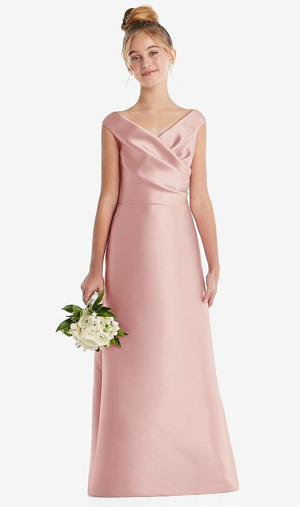 Front View - Rose Off-the-Shoulder Draped Wrap Satin Junior Bridesmaid Dress