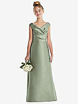 Front View Thumbnail - Sage Off-the-Shoulder Draped Wrap Satin Junior Bridesmaid Dress
