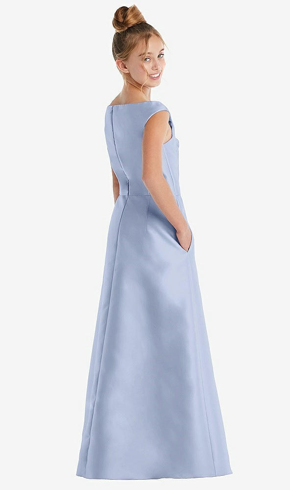 Back View - Sky Blue Off-the-Shoulder Draped Wrap Satin Junior Bridesmaid Dress