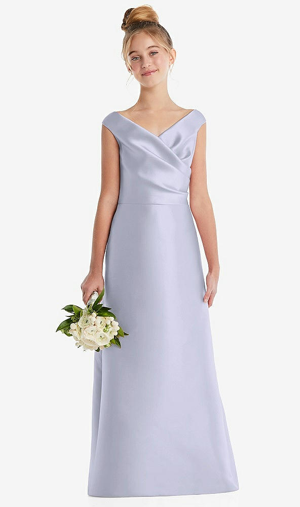 Front View - Silver Dove Off-the-Shoulder Draped Wrap Satin Junior Bridesmaid Dress