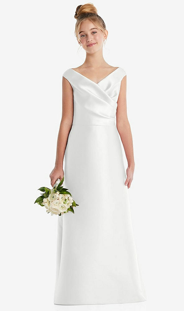 Front View - White Off-the-Shoulder Draped Wrap Satin Junior Bridesmaid Dress