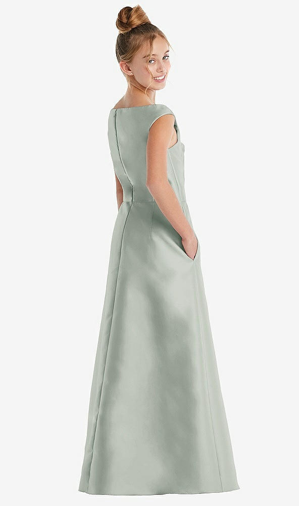 Back View - Willow Green Off-the-Shoulder Draped Wrap Satin Junior Bridesmaid Dress