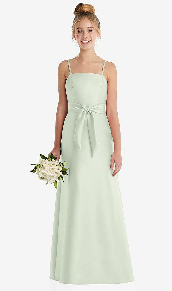 Front View - Mint Green Spaghetti Strap Satin Junior Bridesmaid Dress with Mini Sash