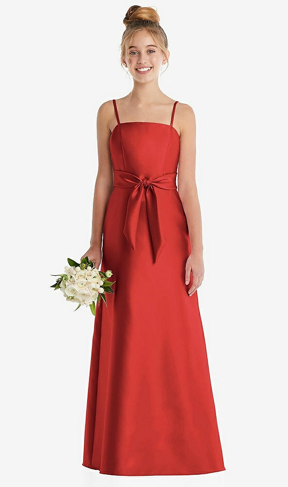Front View - Poppy Red Spaghetti Strap Satin Junior Bridesmaid Dress with Mini Sash