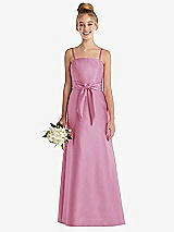 Front View Thumbnail - Powder Pink Spaghetti Strap Satin Junior Bridesmaid Dress with Mini Sash
