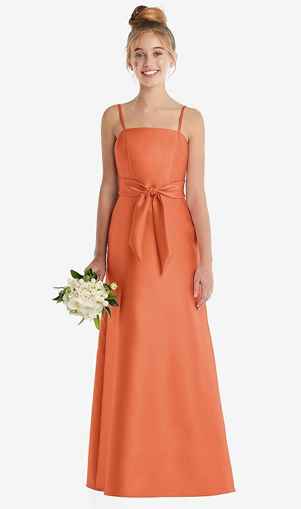 Front View - Portofino Orange Spaghetti Strap Satin Junior Bridesmaid Dress with Mini Sash