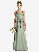 Front View Thumbnail - Sage Spaghetti Strap Satin Junior Bridesmaid Dress with Mini Sash