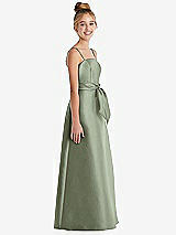 Side View Thumbnail - Sage Spaghetti Strap Satin Junior Bridesmaid Dress with Mini Sash