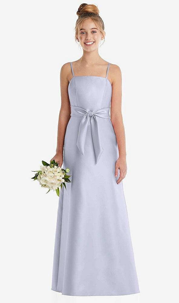 Front View - Silver Dove Spaghetti Strap Satin Junior Bridesmaid Dress with Mini Sash