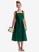 Front View Thumbnail - Hunter Green Tie Shoulder Pleated Full Skirt Junior Bridesmaid Dress