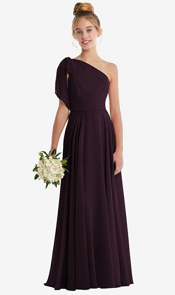 Front View - Deep Plum One-Shoulder Scarf Bow Chiffon Junior Bridesmaid Dress