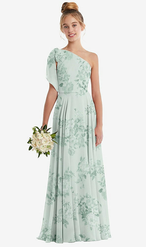 Front View - Mint Green Floral One-Shoulder Scarf Bow Chiffon Junior Bridesmaid Dress