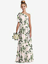 Front View Thumbnail - Palm Beach Print One-Shoulder Scarf Bow Chiffon Junior Bridesmaid Dress