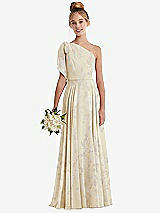 Front View Thumbnail - Butter Yellow Floral One-Shoulder Scarf Bow Chiffon Junior Bridesmaid Dress