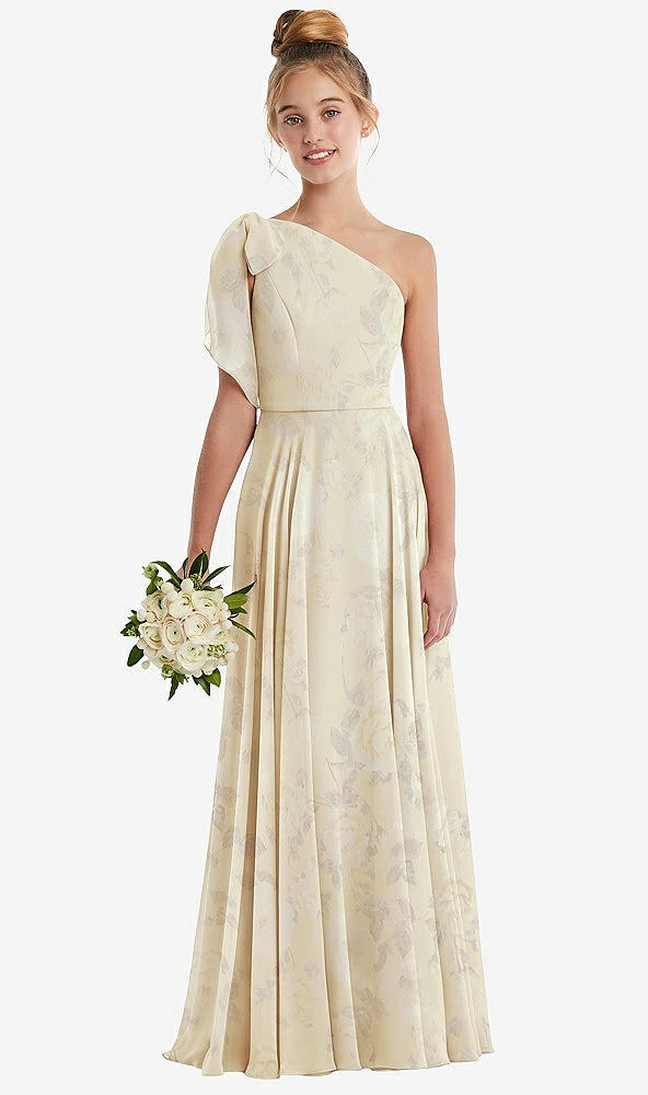 Front View - Butter Yellow Floral One-Shoulder Scarf Bow Chiffon Junior Bridesmaid Dress
