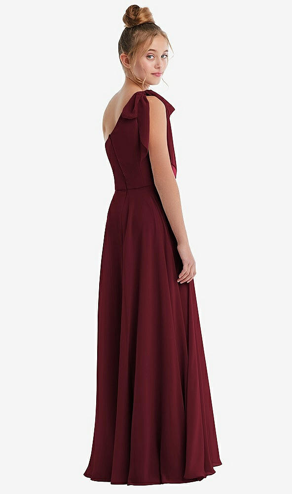 Back View - Cabernet One-Shoulder Scarf Bow Chiffon Junior Bridesmaid Dress