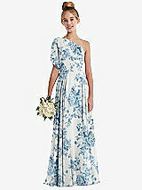 Front View Thumbnail - Cottage Rose Dusk Blue One-Shoulder Scarf Bow Chiffon Junior Bridesmaid Dress