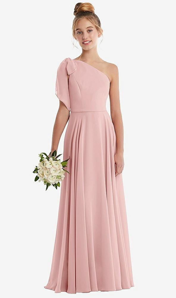 Front View - Rose One-Shoulder Scarf Bow Chiffon Junior Bridesmaid Dress